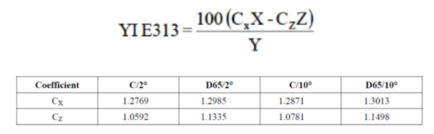 ASTM E313 standard formulas and coefficients
